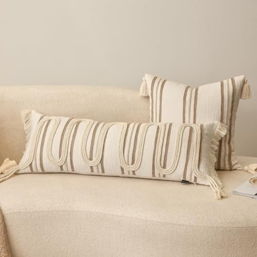 Beige Boho Lumbar Pillow Cover 14x36 with Handmade Drawn Work - Image 4
