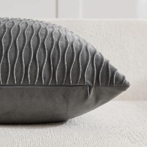 DEZENE Grey Vertical Ripple Striped Decorative Pillow Cases: Pack of 2 24x24 Inch Velvet Square Throw Pillow Covers for Farmhouse Couch Sofa Bed Living Room Home Decor - Image 3