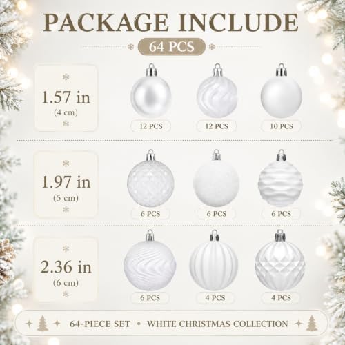 Lunmon 64 Pcs White Christmas Ball Ornaments Modern Xmas Tree Decorations - Image 3