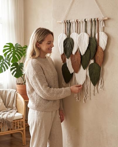 Jditngp Macrame Wall Hanging Leaf Boho Woven Tapestry,Cotton Cord Weave Tassels Home Decorations Modern Bohemian Handmade Leaf Feather Nordic Wall Art Decor for Living Room Bedroom Apartment 23.6"W X 31.5"L - Image 3