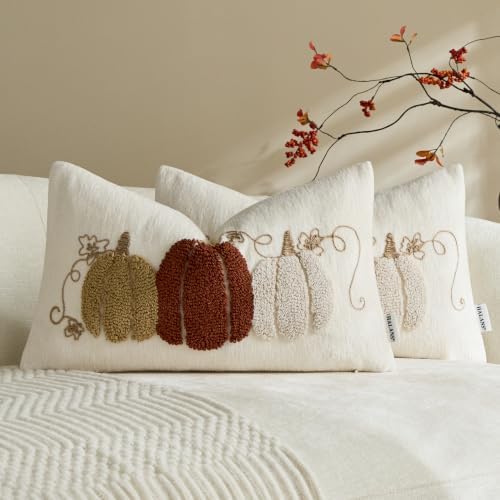 Embroidered Fall Throw Pillow Covers,12x20 Inch Set of 2,Rust by HOME