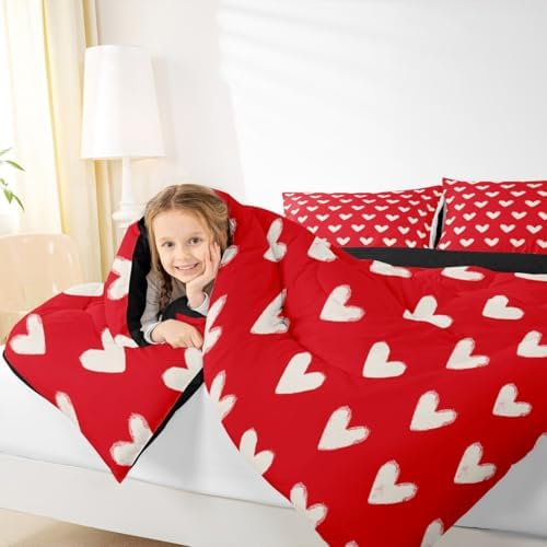 Red White Comforter Set King Size Cute Heart Pattern Bedding For Kids Boys Girls Valentine Day Gift Quilt Cartoon Love Geometric Duvet Insert Love Heart Soft Warm Bedding Sets Bedroom Decor 3Pcs - Image 6
