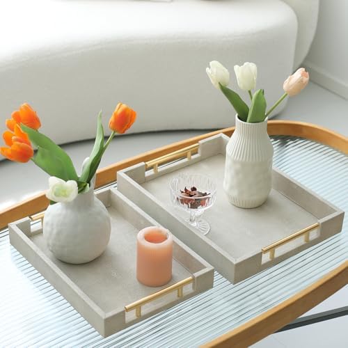 SwallowLiving Set of 2 Shagreen Serving Tray with Gold Polished Metal Handles Ivory Wood Decorative Tray PU Leather with Brushed Gold for Coffee Table Ottoman Console Table - Image 7