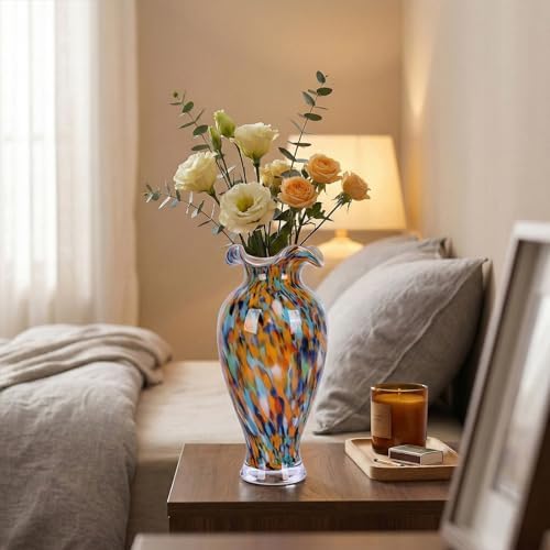 12in Tall Hand Blown Glass Vase Unique Ruffle Wide Mouth Vases, Elegant Modern Glass Flower Decorations Vase, Beautiful Colorful Vases for Home Living Room Bookshelves Wedding High End Centerpieces - Image 7