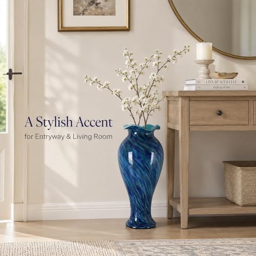 20in Tall Hand Blown Glass Vase Unique Ruffle Wide Mouth Vases, Elegant Modern Glass Flower Decorations Vase, Beautiful Colorful Vases for Home Living Room Bookshelves Wedding High End Centerpieces - Image 5