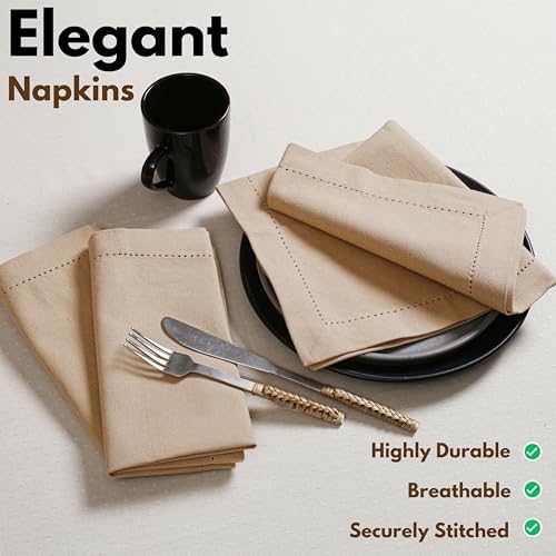 Native Fab Cotton Cloth Napkins, 18 x 18 inch, Set of 12, Hemstitch Tailored Corners, Soft, Absorbent, Washable Fabric, Table Napkins for Fall, Thanksgiving, Holiday, Dinner, and Everyday Use - Beige - Image 2