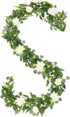 Artificial Eucalyptus Garland with Lights,Fairy Light Olive Leaves Vine Garland with White Flowers & White Berries, Bendable Mantle Garland for Indoor Outdoor Wedding, Home Decoration (9FT) by INTERHOMART