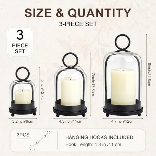 Woanger 3 Set Hurricane Glass Candle Holder with Hook, No Candle, Black - Image 2