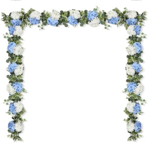 Artificial Hydrangea Flower Garland with Eucalyptus & Baby’s Breath 2PCS 6FT Floral Vines Greenery Garland for Mantel Wedding Arch Table Centerpiece Coastal Home Outdoor Decor (2, Blue & White) by Aviviho