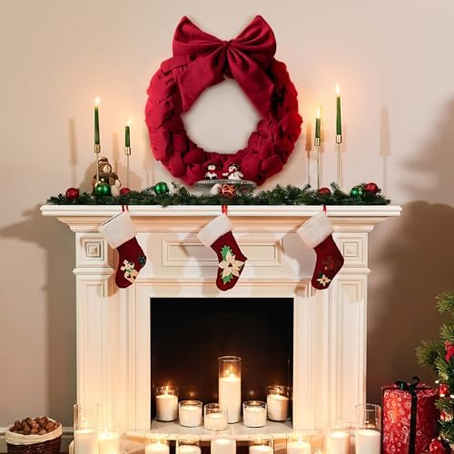 Soaoo 3 Christmas Velvet Wreaths 14" Christmas Wreaths for Front Door Velvet Ornament with Bow for Party Table Fireplaces Porch Walls New Year Home Decor(Red) - Image 4