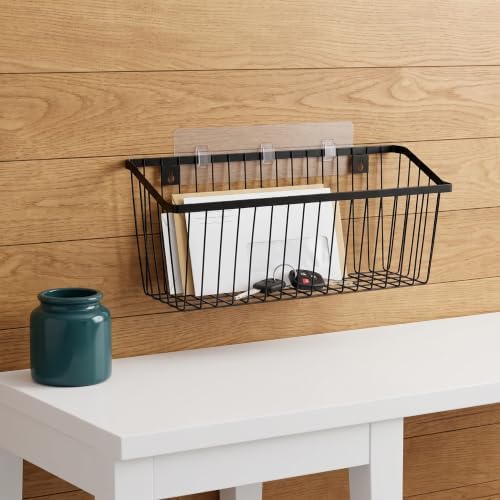 Hanging Kitchen Baskets Adhesive Sturdy Wire Storage Baskets with Kitchen Food Pantry Bathroom Shelf Storage No Drilling Wall Mounted (Black-2 PACK, Extra Large) - Image 4