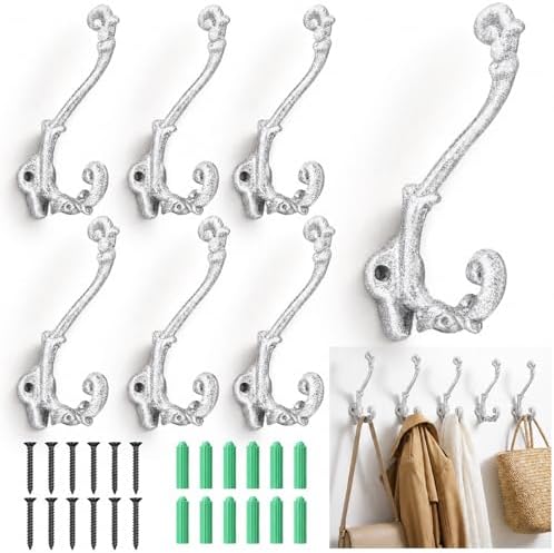 Chumia 6 Pack Cast Iron Wall Hooks Vintage White Vintage Heavy Duty by Chumia
