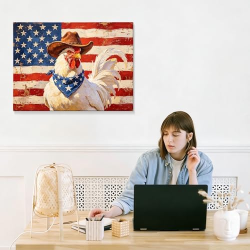 July 4th Patriotic Canvas Wall Art 4th of July USA Decorations Vintage American Flag Chicken Painting Roosters Chickens Picture Wall Decor Independence Day Home Decor 24x32in - Image 7