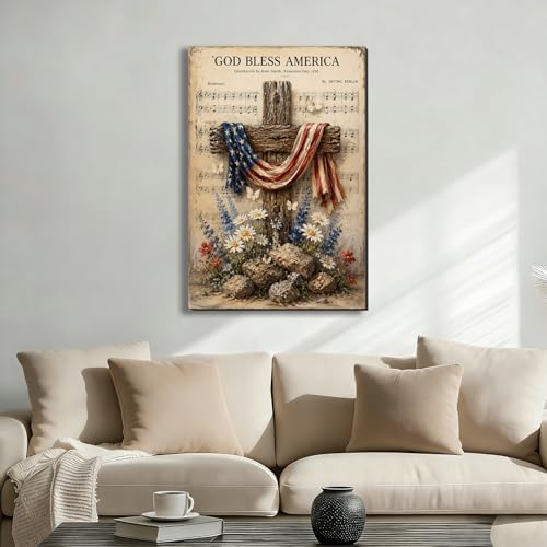 Ship Next Day – Patriotic Canvas Wall Art, God Bless America Cross with Flag, Rustic Country Farmhouse Decor, Wildflowers and Rocks, Americana Framed Prints for Bedroom - Image 2