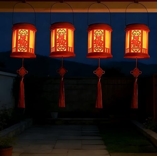 Solar Lanterns, Chinese Lanterns, red Outdoor Hanging Decorations, Suitable for Gardens, patios, courtyards and lawns, can be Used for New Year, Spring Festival and Weddings. (4Pack) by Unknown