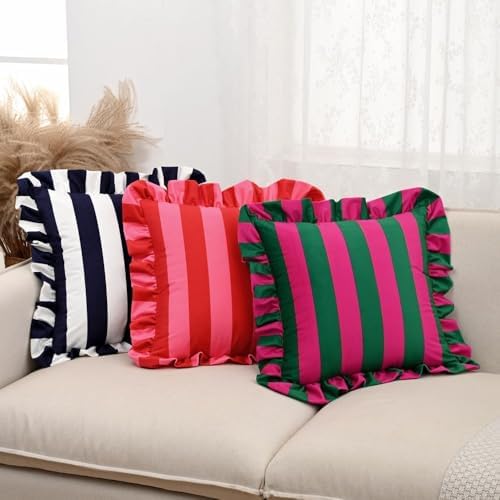 vctops Ruffle Square Throw Pillow Covers Boho Pink and Red Striped Decorative Pillowcases Set of 2, Soft Velvet Accent Cushion Cover Cases for Sofa Bed Living Room Decor (Pink Green,18"x18") - Image 3