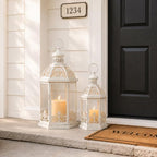 Lanterns Decorative Outdoor&Indoor, Set of 2 (15"&11") Beige Metal Lantern Decor with Glass, Candle Holder for Porch, Patio, Garden, Fall, Wedding, Christmas, Table Centerpiece - Image 4