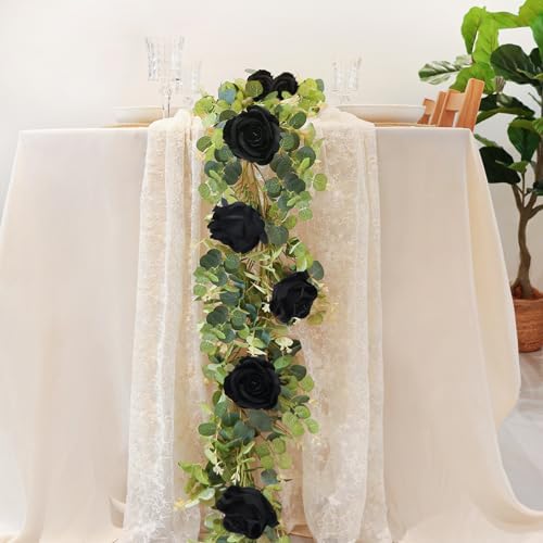 1 Pack Artificial Garland Eucalyptus Vine with 12 Roses for Home Decor Wedding Table Runner Centerpiece DIY Wreath Decor (Black) - Image 2