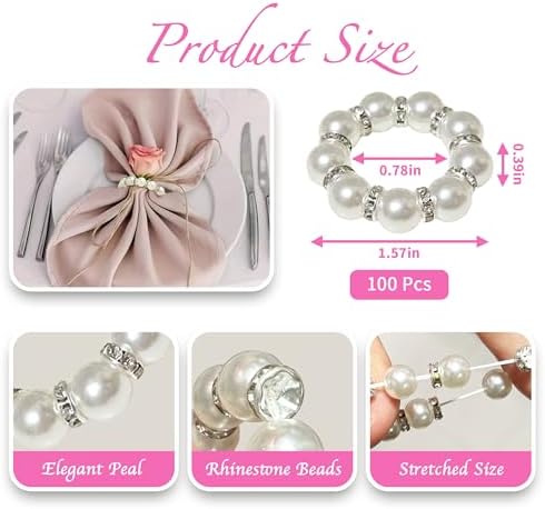 100 Pcs Silver Pearl Napkin Rings, Imitation Pearl, for Wedding Parties - Image 2