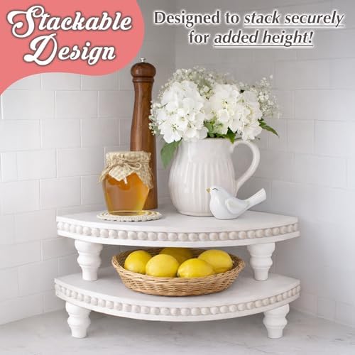 Corner Pedestal Stand Rustic Decor Riser for Display - Farmhouse Wood Rounded Beaded Tray for Kitchen and Bathroom Countertop Organizer, Coffee Bar, Plant Stand with Removable Feet (Rustic White) - Image 5
