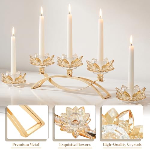 Crystal Lotus Taper Candle Holders, 3 Arms Metal Crystal Candlesticks, Decorative Flower-Shaped Candle Holders for Dining Table Centerpiece, Wedding, Home & Holiday Decor (Gold, Set of 3) - Image 2
