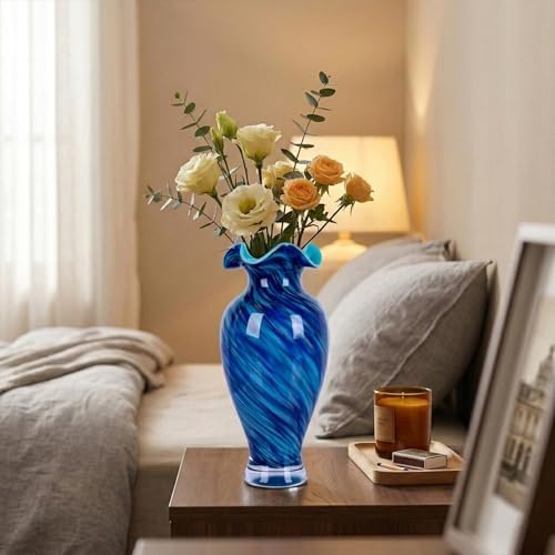 12in Tall Hand Blown Glass Vase Unique Ruffle Wide Mouth Vases, Elegant Modern Glass Flower Decorations Vase, Beautiful Colorful Vases for Home Living Room Bookshelves Wedding High End Centerpieces - Image 6
