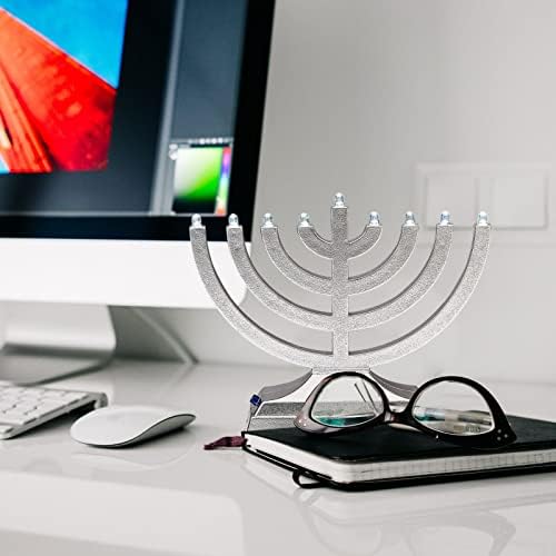 Rite Lite Go Mini Metallic Electric Menorah - LED Battery/USB Powered Chanukah Jewish Holiday - Office Car Home Decorations Judaica Hanukkah Gifts, Push Button Multi Light - Silver - Image 3
