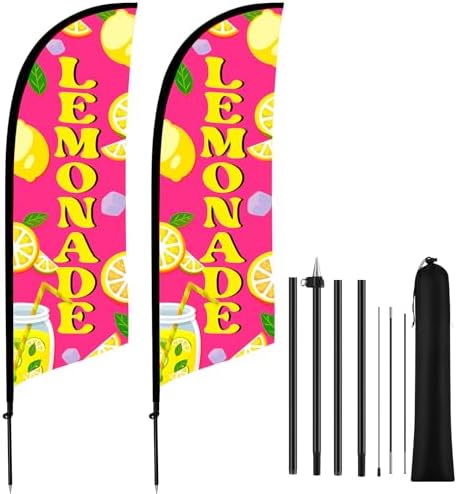 HunnmingRe 2 Set Pink Lemonade Feather Flag Kit, 8ft Advertising Swooper Flag Banner with Pole and Ground Stake for Business Restaurant Advertising Banner for Outside Ground by HunnmingRe