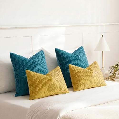 DEZENE Turquoise Throw Pillow Cases 24x24: Pack of 2 Inch Vertical Ripple Striped Velvet Square Decorative Pillow Covers for Farmhouse Couch Sofa Bed Living Room Home Decor - Image 5