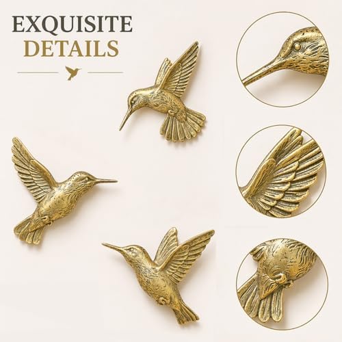 GUSFREUD 3D Hummingbird Wall Decor Set - Brass Resin Bird Wall Decor for Living Room, Bedroom and Gallery Walls - Vintage Gold - Set of 3 - Image 5