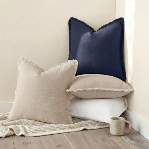 decorUhome Linen Fringe Navy Blue Throw Pillow Covers 26x26 Set of 2 - Image 4