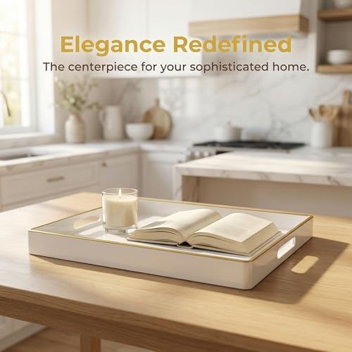 Large White Rectangular Decorative Tray – Plastic Serving Tray with Handles for Coffee Table, Ottoman, Living Room, 15.7” x 11.8” x 1.6 - Image 7