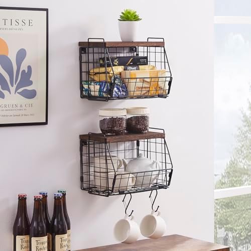 Wall Hanging Baskets 2 Pack Wooden Top Floating Wire Shelves (Large) - Image 6