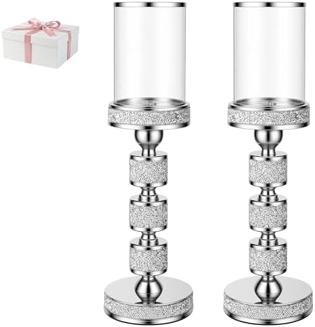 Hurricane Candle Holder, 15.9" Tall Metal Candle Stand, Glass Pillar Holder by DOUNX