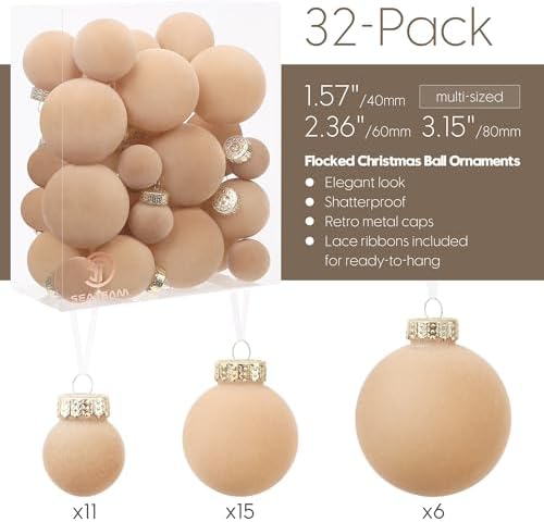 Sea Team 32-Pack Flocked Velvet Christmas Ball Ornaments, Beige - Image 3