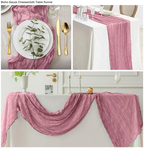 12 Pack Dusty Rose 10 Ft Cheesecloth Table Runner 20x120 Inch Boho Wrinkled Sheer Romantic Gauze Decor for Wedding, Bridal Shower, Birthday Party - Image 3