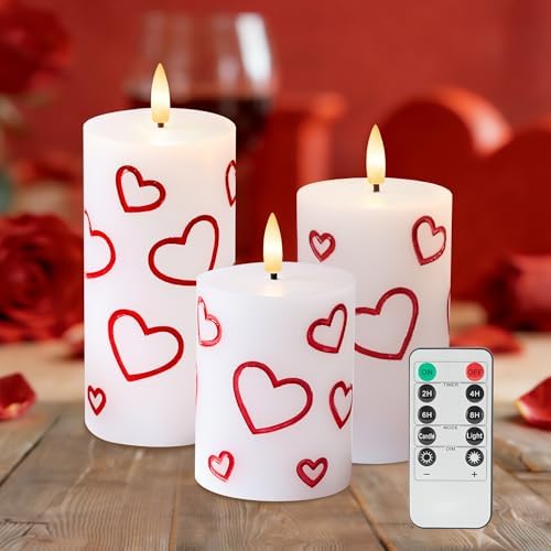 Valentines Day Heart Candles, Flameless Pillar Candles with Remote by AFINETH