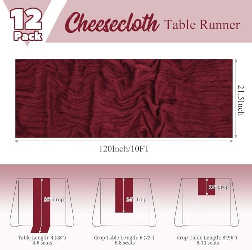12 Pack Burgundy Table Runner 10Ft Cheesecloth Table Runner Rustic Gauze Table Runner Romantic Long Sheer Fabric Cheese Cloth Table Runners for Wedding Party Bridal Baby Shower - Image 2