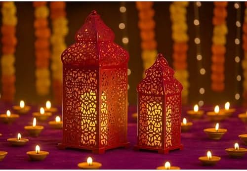 VELA LANTERNS Large Temple Moroccan Lantern Lamp Decorative Candle Holders for Ramadan Decorations, Hanging, Outdoor Patio or Porch, Indoor Home Decor, Red, Set of 2 - Image 2