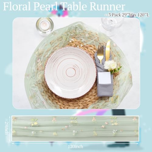 Lounsweer 3 Pcs Sage Green Wildflower Table Runner 10ft Embroidery Tulle - Image 6