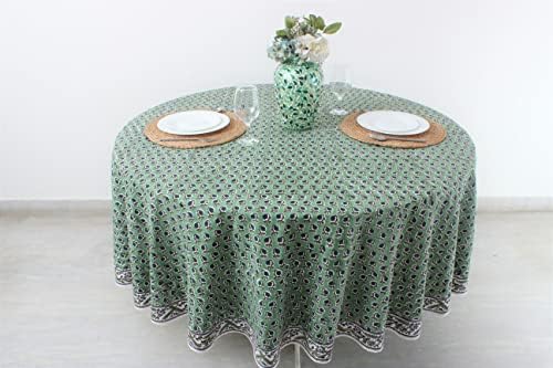 Ridhi Hand Block Print Round Tablecloth Basil Green 110 Inch 100% Cotton - Image 3