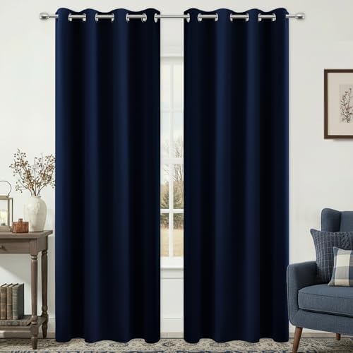 KOUFALL Navy Blue Drapes 96 Inch Long 2 Panels Window Treatments Curtains,Blackout Grommet Room Darkening Thermal Microfiber Silk Curtains for Living Room,Dark Indigo - Image 3