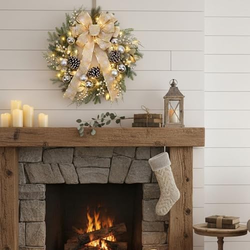 24 Inch Christmas Wreath for Front Door with Lights Golden Bow Winter Wreath Sliver Christmas Balls Pinecones Pine Needles for Wall Home Holiday Xmas Decor - Image 5
