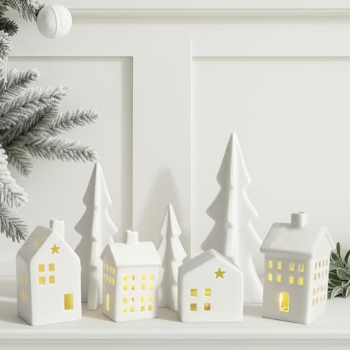 Newtay 7 Pcs White Ceramic Christmas Village Houses with Lights Sets by Newtay