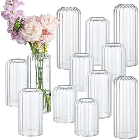 12PCS Bud Vases Set, Glass Vases for Flowers, Modern Cylinder Ribbed Vases for Wedding Centerpiece, Tall Clear Flower Vases in Bulk for Table Shelf, Party(Ribbed) by GNILLKO