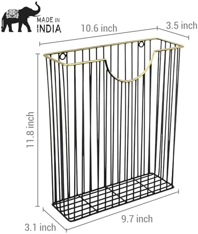 MyGift Art Deco Black Metal Wall Magazine Rack Mail Holder Brass Trim - Image 5