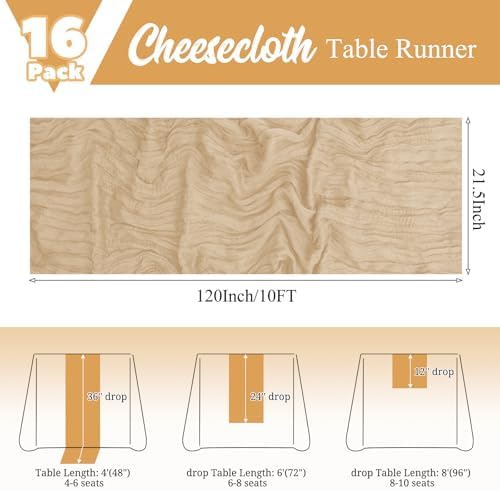 16 Pack Beige Table Runner 10FT Cheesecloth Table Runner Boho Gauze Table Runners Long Rustic Sheer Fabric Cheese Cloth Table Runners for Wedding Party Bridal Shower Farmhouse & Home Decor - Image 2