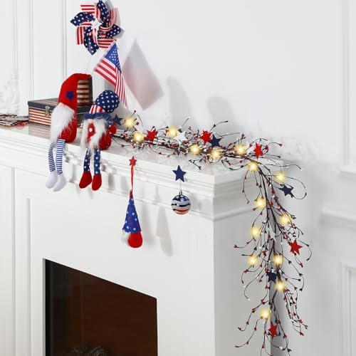 4th of July Garland with 30 Fairy Lights 4.5ft Long Patriotic Red White and Blue Star Berry Garland Ornament USA Independence Day Flag for 250th Anniversary Decor - Image 3