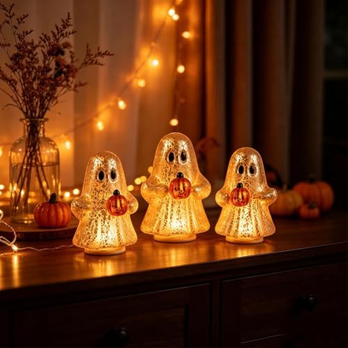 Set of 3 Illuminated Mercury Glass Ghosts, LED Halloween Ghost Decorations with Pumpkins, Cute Ghost Figurines Warm Light Tabletop Ornaments for Mantel Shelf, Fall Party Home Decor - Image 5