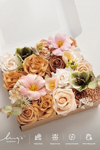 Ling's moment Fake Flowers Box, Faux Artificial Greenery Stems Foam Roses Tulip Silk Poppy Fabic Flower for Centerpieces Bouquet Wedding Floral Vase Table Decorations, Apricot & Peach, Grand Combo - Image 5